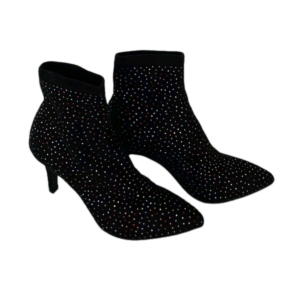 INC International Concepts 7.5 Bray Sock Black Heel Booties W Red Rhinestones - Picture 3 of 14
